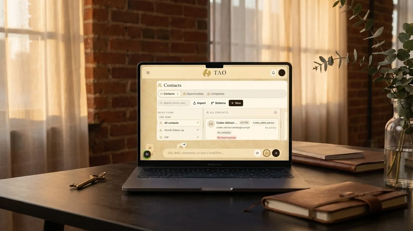 A MacBook in a warm loft showing the TAO Contacts module — contacts, opportunities and companies, the relationships your business runs on, all in one place.