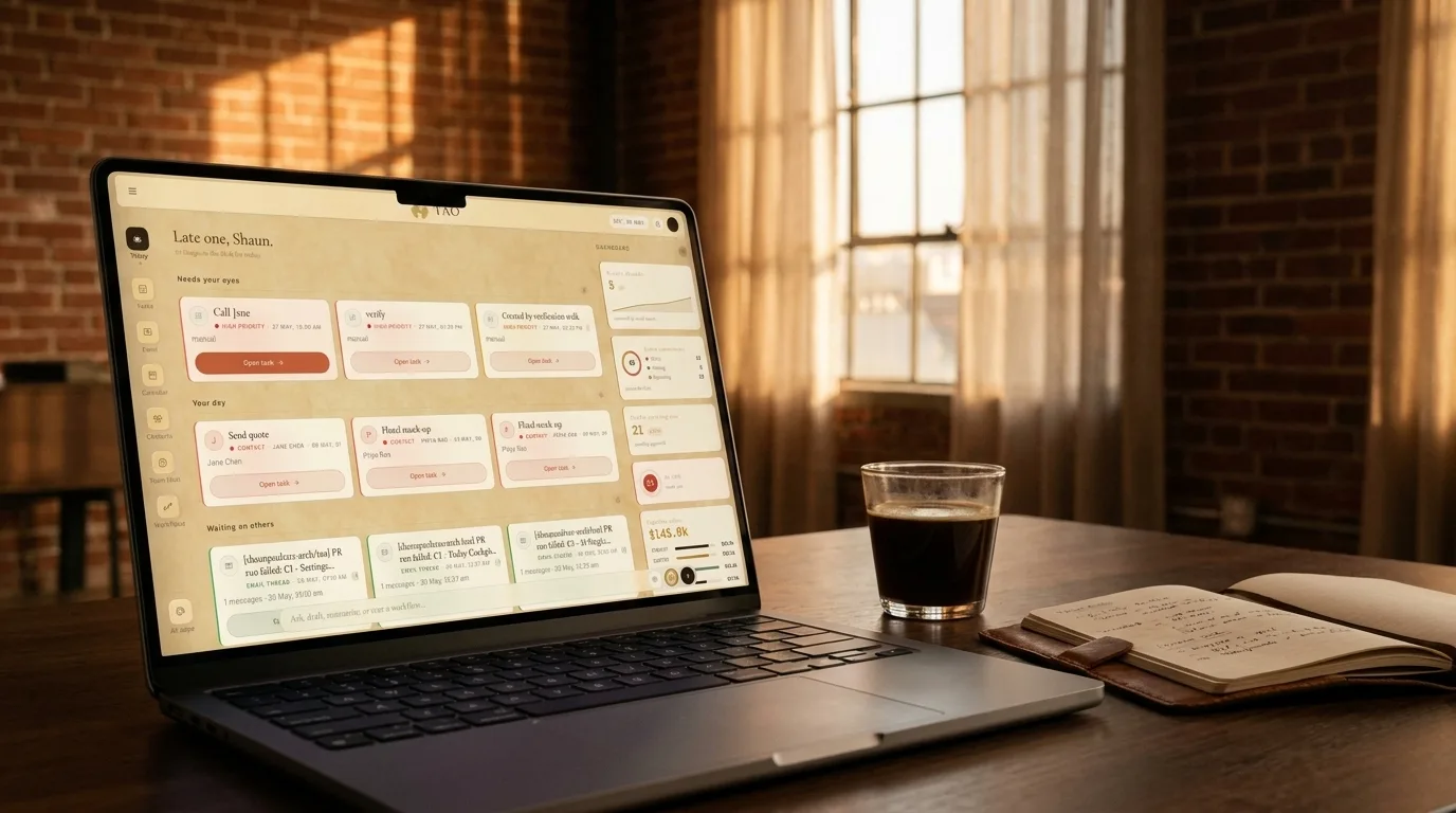 A MacBook in a warm, golden-hour loft showing the TAO dashboard: today's tasks each with an approve action, the calendar, and revenue at a glance.